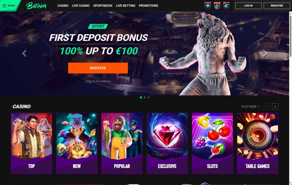 Betinia Casino hjemmeside desktop
